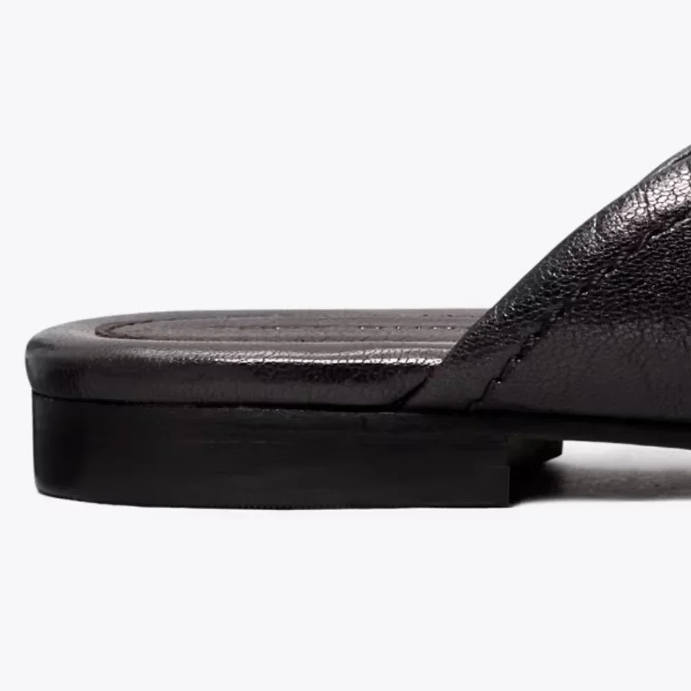 Tory Burch $298 Georgia Backless Loafer Flats Mules Black Gold Logo